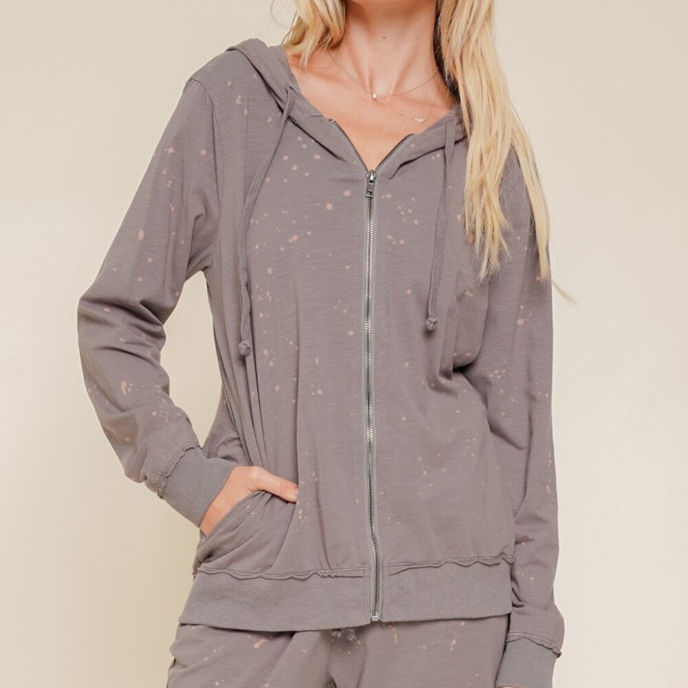 HEM & THREAD Washed Zip Hoodie | Charcoal Splatter Lounge Zip-Up